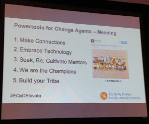 A slide indicating 5 ways to affect change - 1. Make Connections 2. Embrace Technology 3. Seek, Be, Cultivate Members 4. We are the Champions 5. Build your tribe