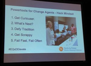 A slide showing 5 ways to hack and affect change - A. Get Curiouser B. What's Next C. Defy Tradition D. Get Scrappy E. Fail Fast, Fail Often